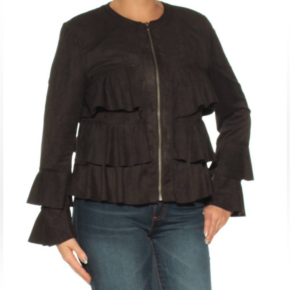 Kate & Mallory Ruffle Tiered Zip Front Jacket in black size 2X 100% cotton